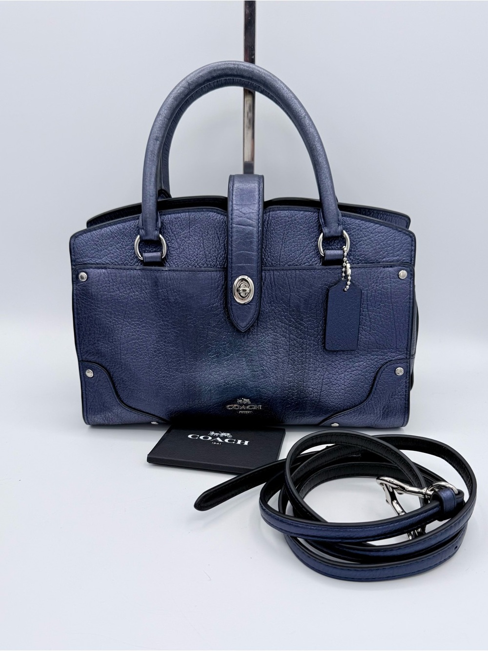 Coach Mercer 24 Satchel Metallic Navy Pebbled Leather Crossbody